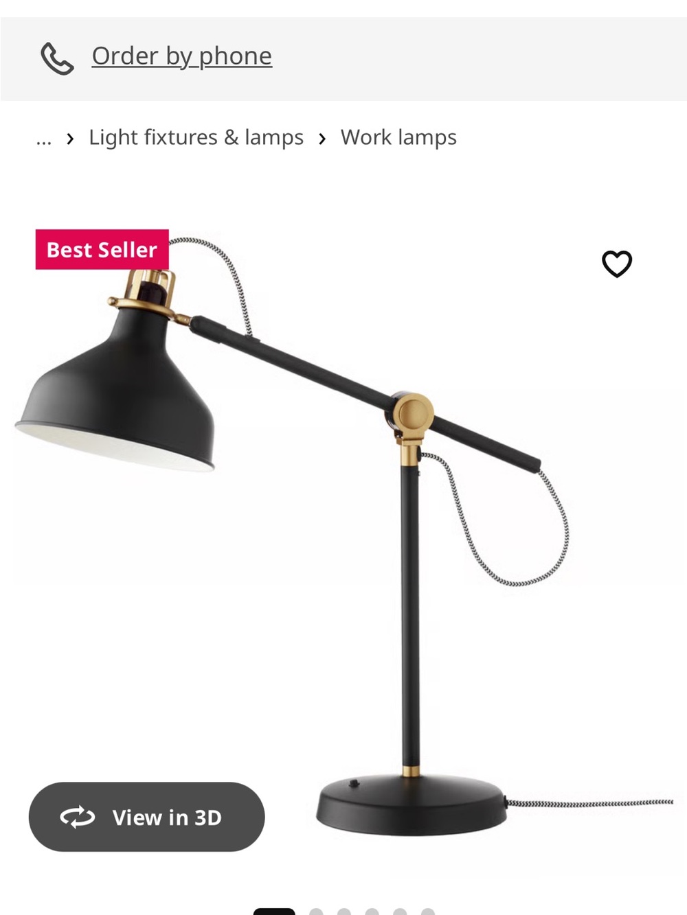 IKEA Ranarp Adjustable Black and Gold Desk Lamp with Fabric Cord